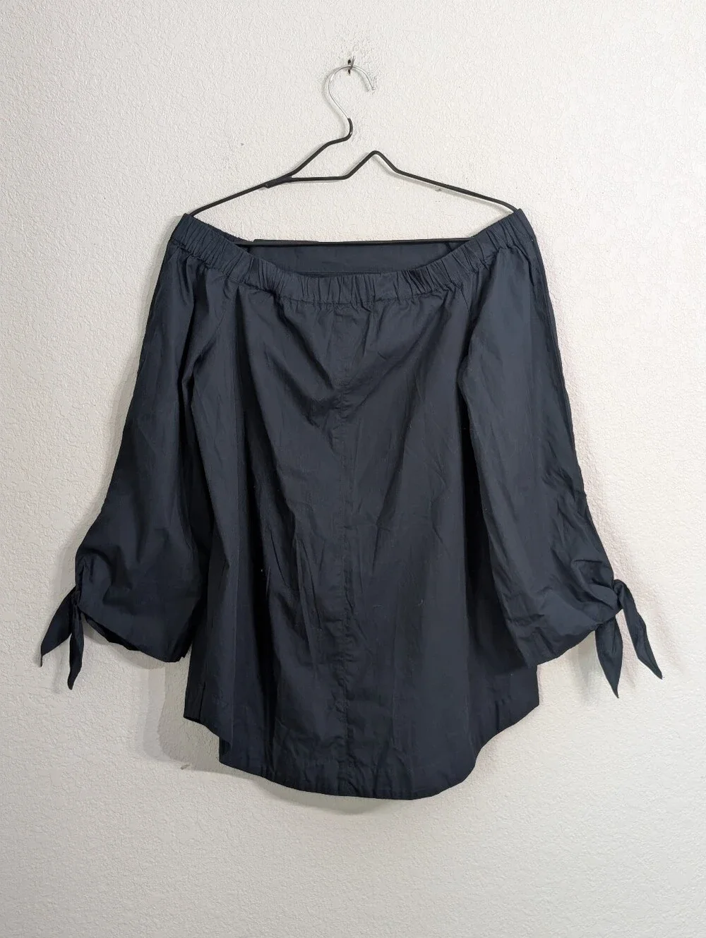 Free People Cotton Navy Blue Off The Shoulder Top Blouse Size S Tie Sleeve Chic